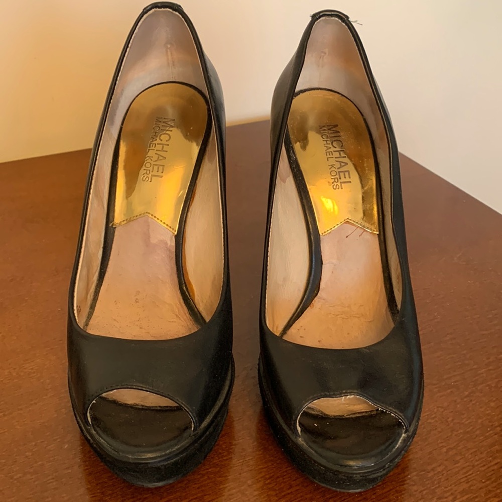 Michael Kors Leather Peep Toe Wedge Heels